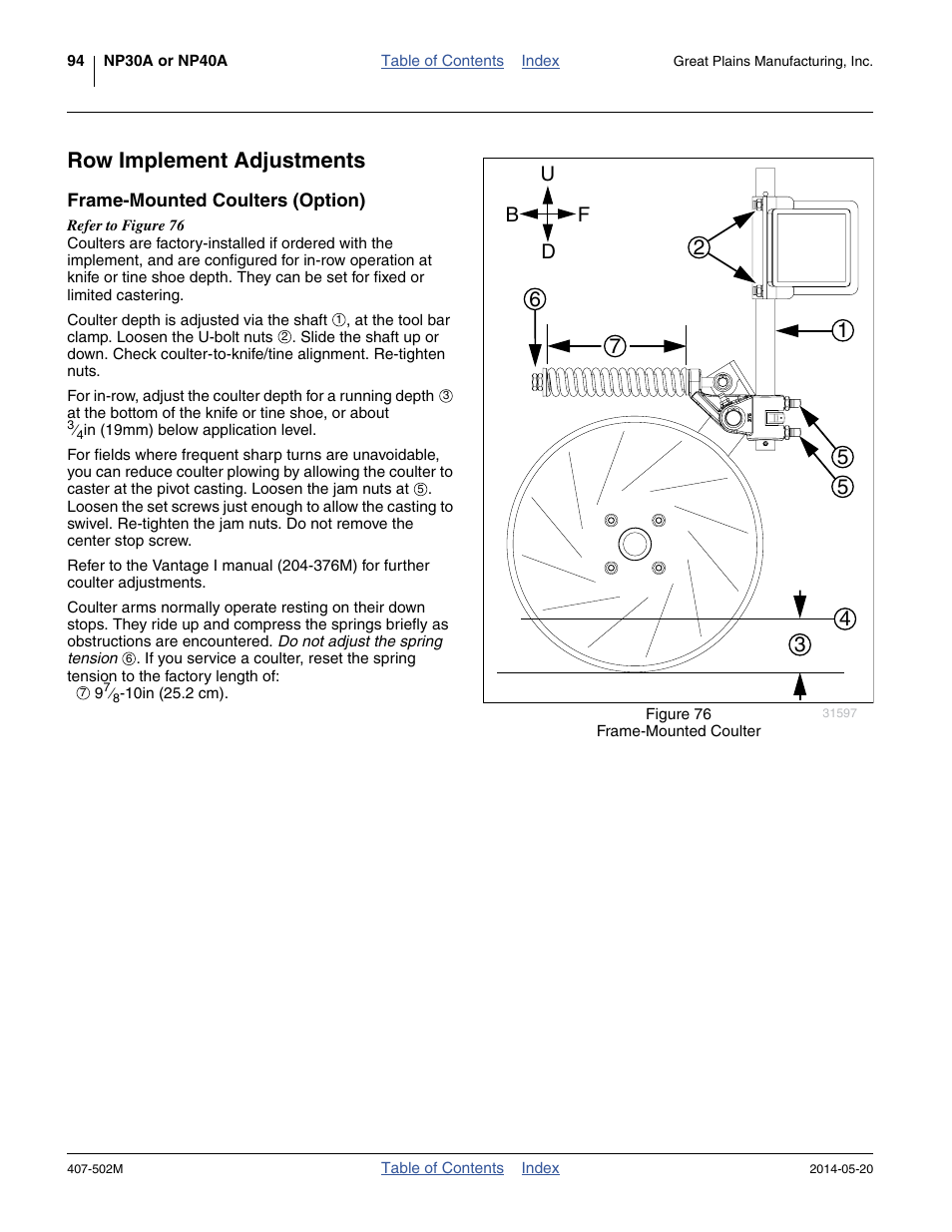 Row implement adjustments, Frame-mounted coulters (option), Ud f b | Great Plains NP30A 30-foot Operator Manual User Manual | Page 98 / 170