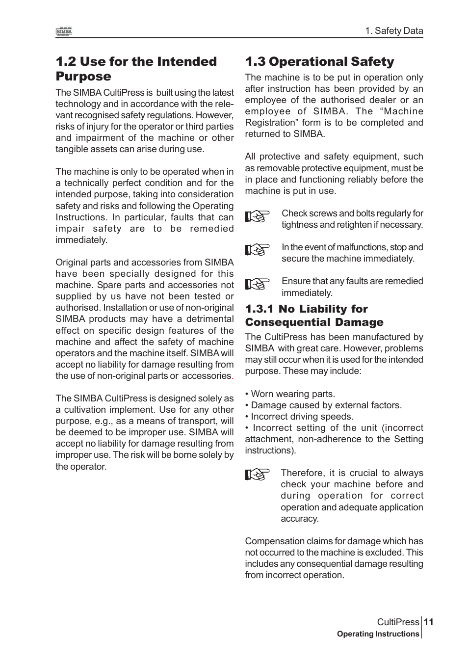 3 operational safety, 2 use for the intended purpose | Great Plains P13113 2004 Operator Manual User Manual | Page 11 / 36