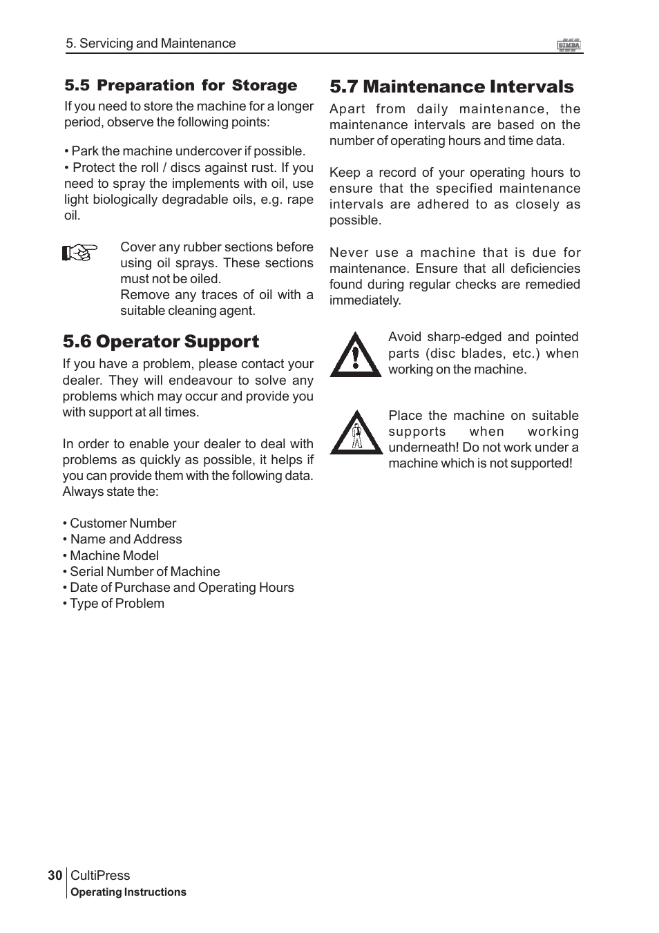 6 operator support, 7 maintenance intervals | Great Plains P13113 2004 Operator Manual User Manual | Page 30 / 36