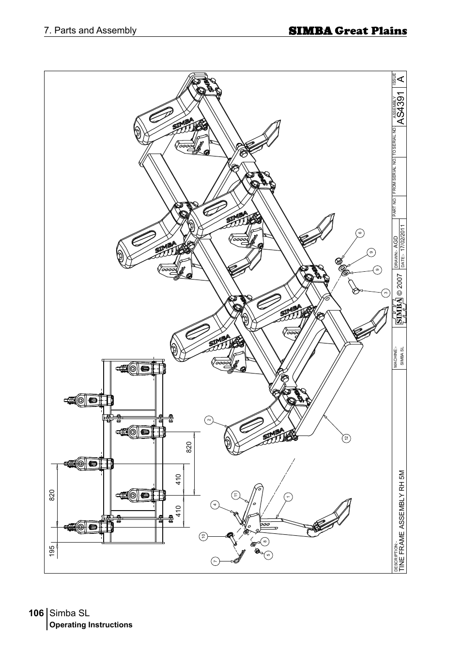 Simba sl, 106 7. parts and assembly, Aas 43 91 | Operating instructions, Si m b a | Great Plains P18253C Operator Manual User Manual | Page 106 / 190