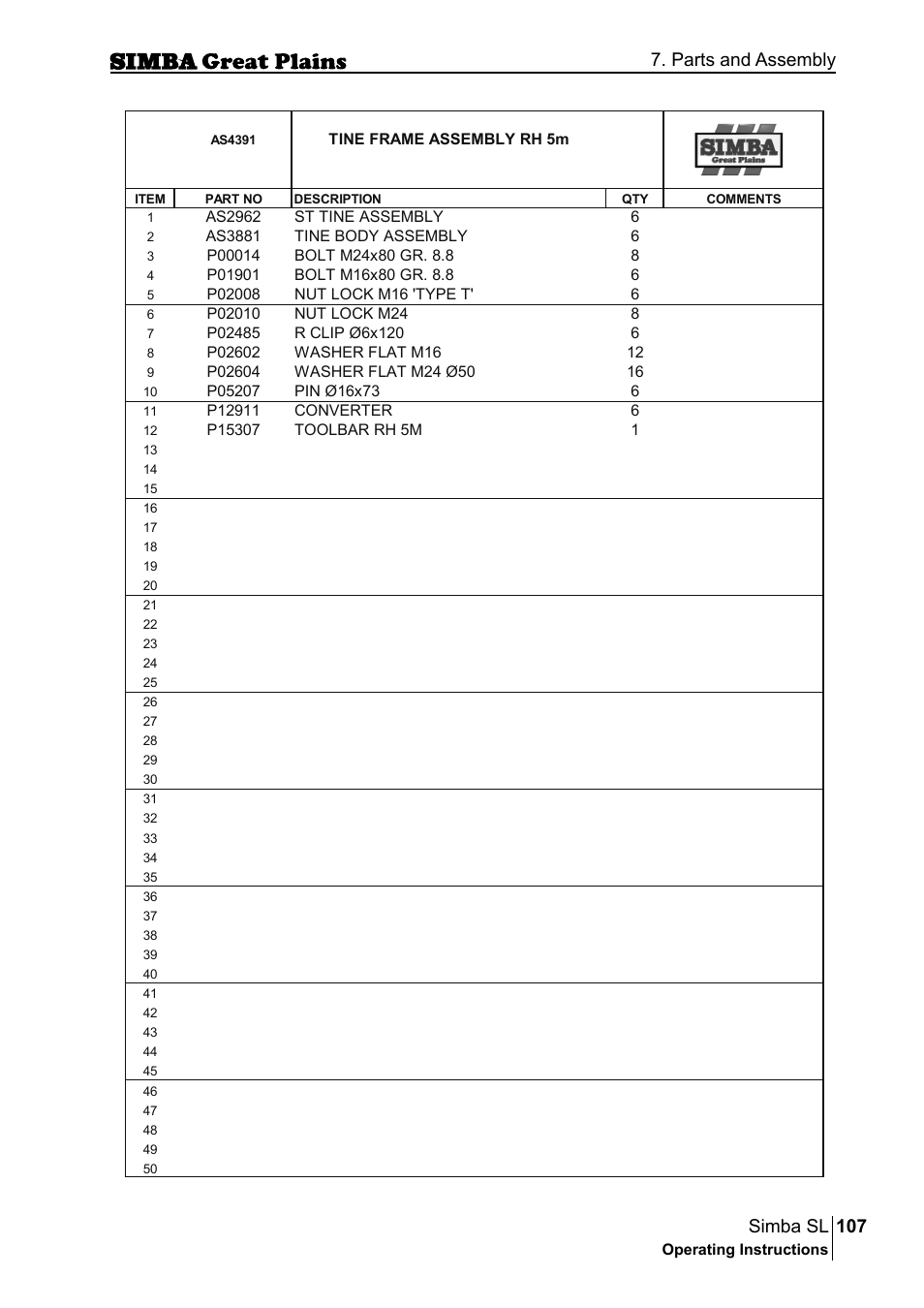 107 simba sl, Parts and assembly | Great Plains P18253C Operator Manual User Manual | Page 107 / 190
