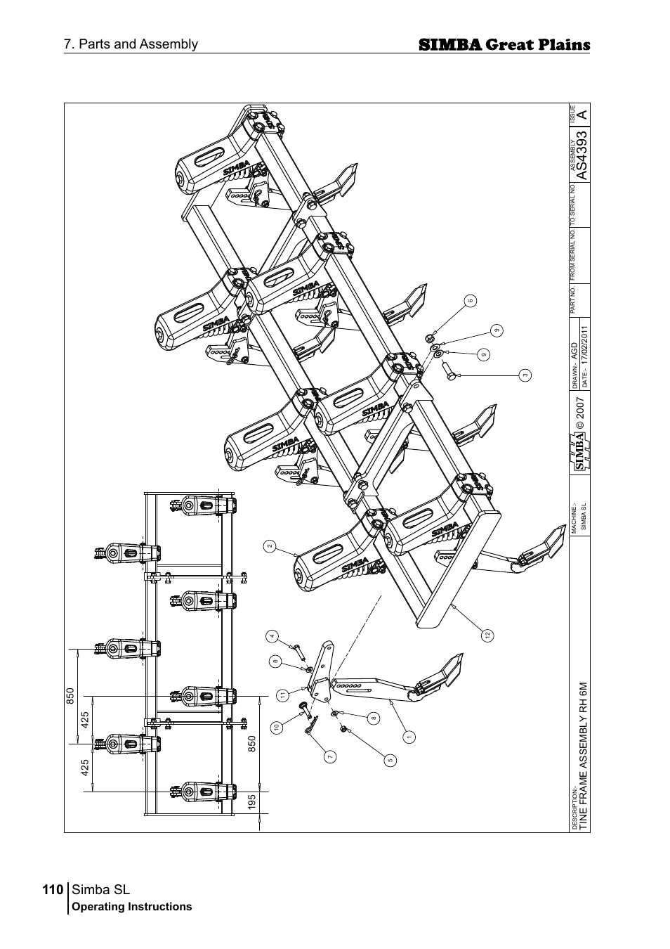 Simba sl, 110 7. parts and assembly, Aas 43 93 | Operating instructions, Si m b a | Great Plains P18253C Operator Manual User Manual | Page 110 / 190