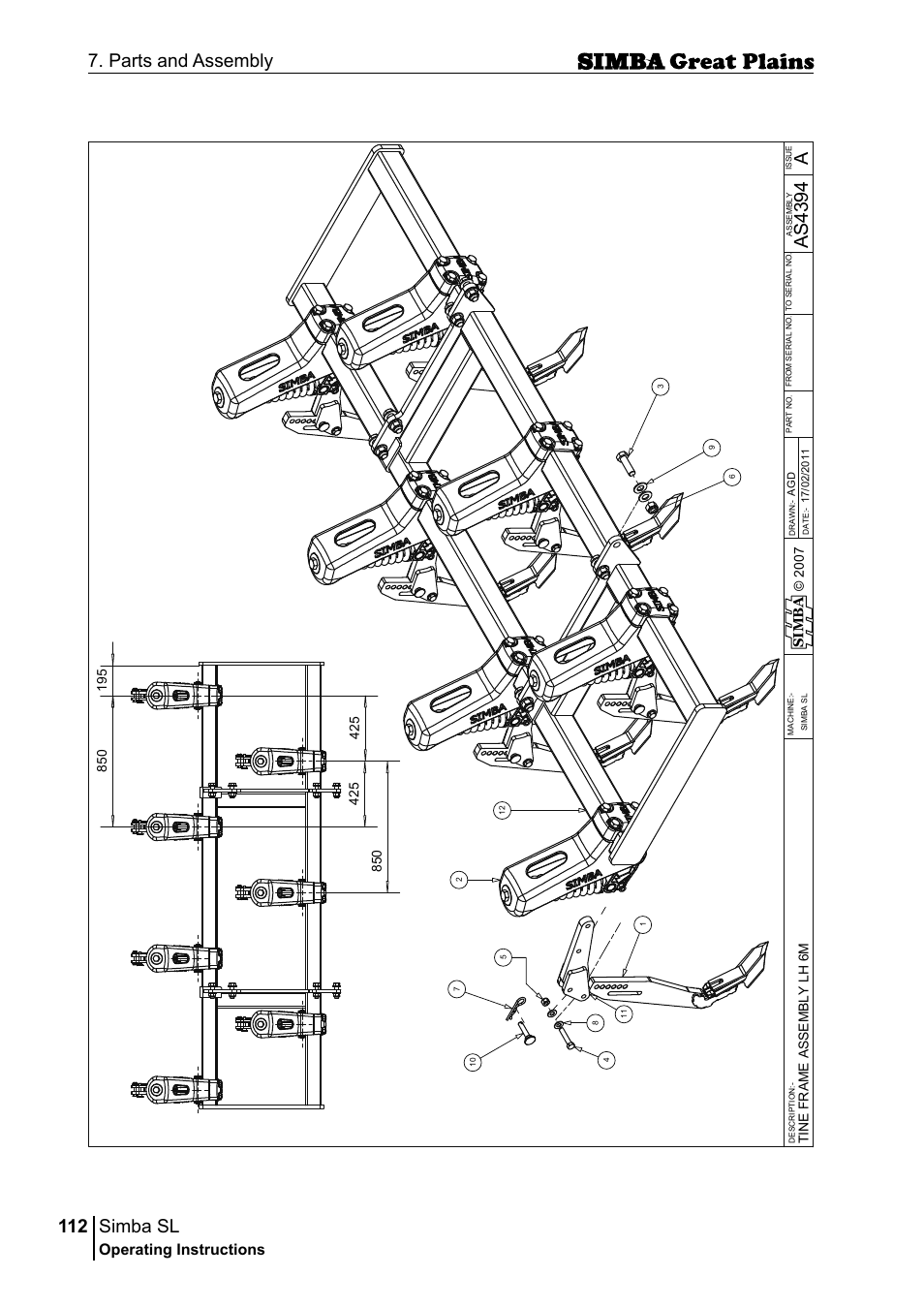 Simba sl, 112 7. parts and assembly, Aas 43 94 | Operating instructions, Si m b a | Great Plains P18253C Operator Manual User Manual | Page 112 / 190