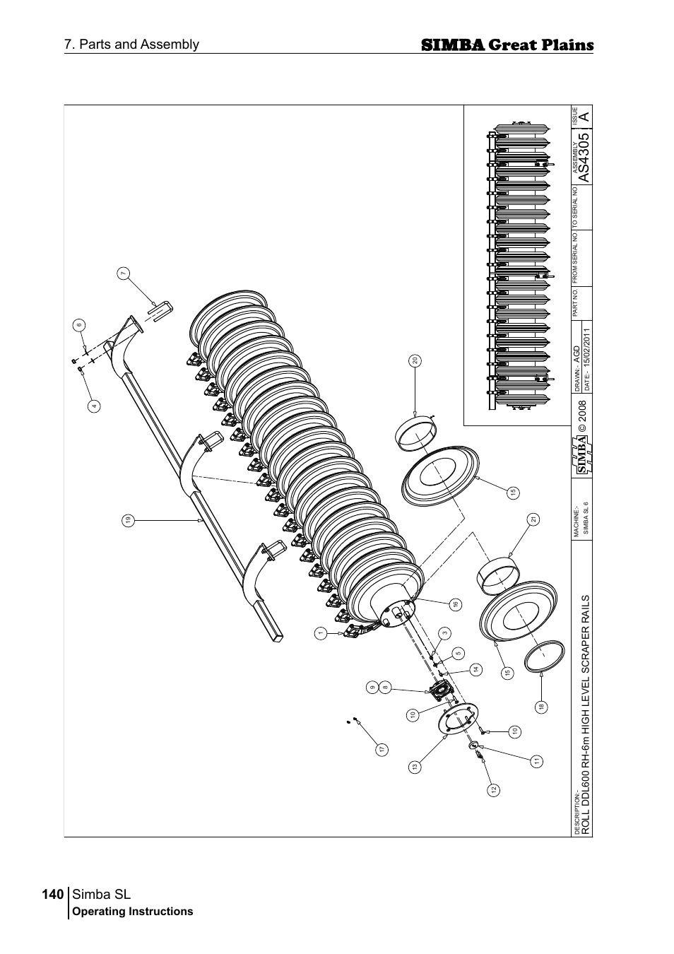Simba sl, 140 7. parts and assembly, Aas 43 05 | Operating instructions, Si m b a | Great Plains P18253C Operator Manual User Manual | Page 140 / 190