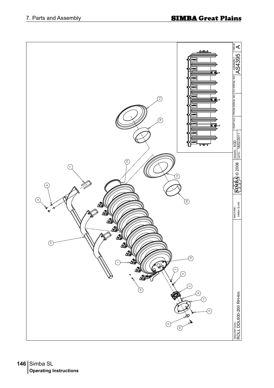 Simba sl, 146 7. parts and assembly, Aas 43 95 | Operating instructions, Si m b a | Great Plains P18253C Operator Manual User Manual | Page 146 / 190