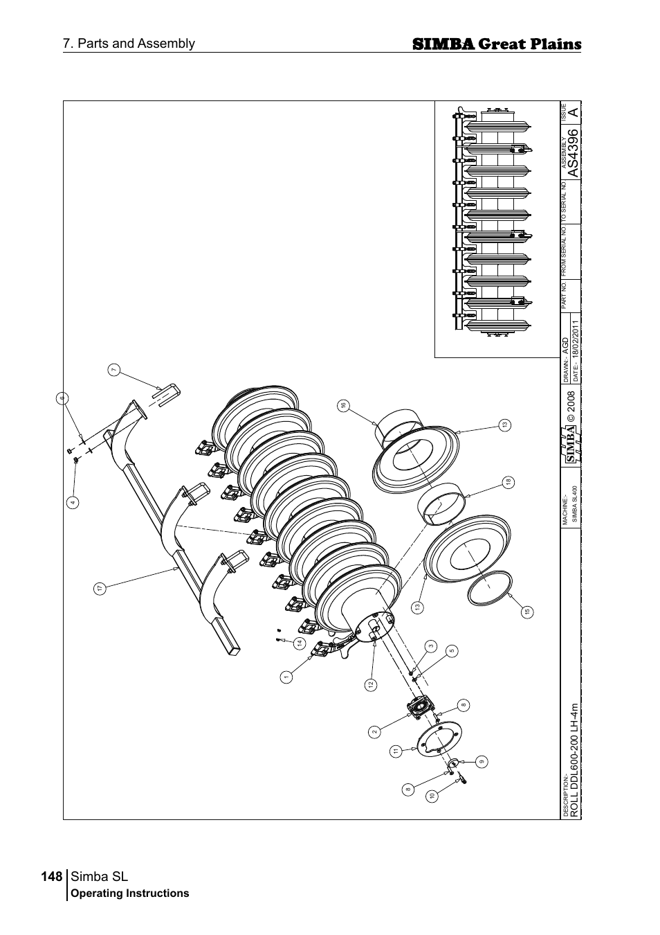 Simba sl, 148 7. parts and assembly, Aas 43 96 | Operating instructions, Si m b a | Great Plains P18253C Operator Manual User Manual | Page 148 / 190