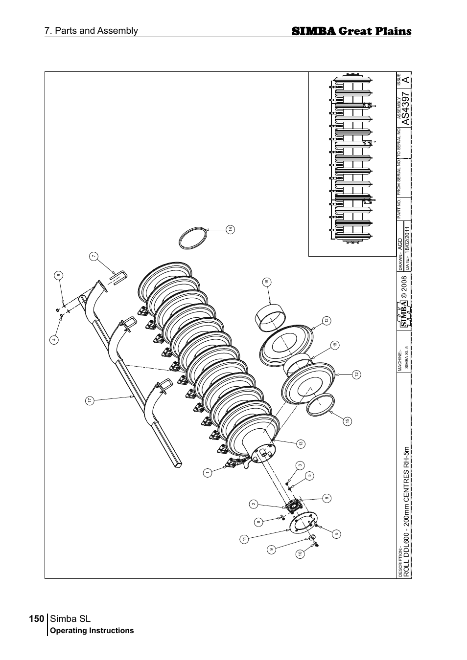 Simba sl, 150 7. parts and assembly, Aas 43 97 | Operating instructions, Si m b a | Great Plains P18253C Operator Manual User Manual | Page 150 / 190
