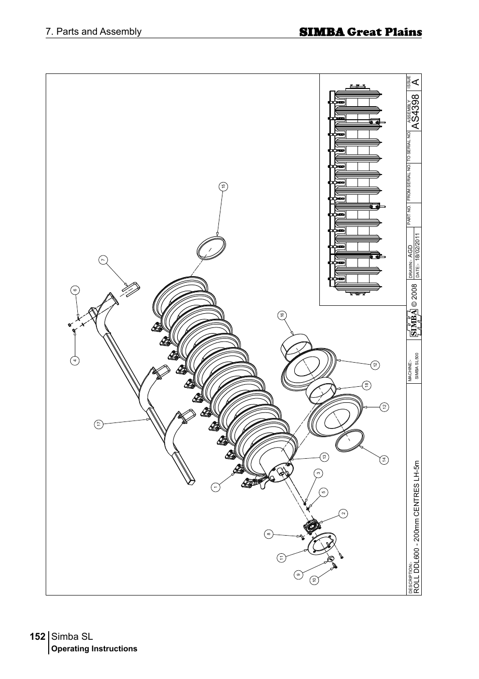 Simba sl, 152 7. parts and assembly, Aas 43 98 | Operating instructions, Si m b a | Great Plains P18253C Operator Manual User Manual | Page 152 / 190
