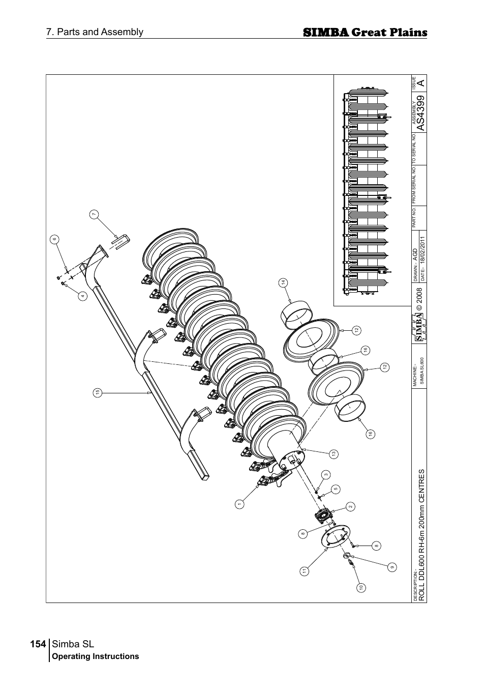 Simba sl, 154 7. parts and assembly, Aas 43 99 | Operating instructions, Si m b a | Great Plains P18253C Operator Manual User Manual | Page 154 / 190