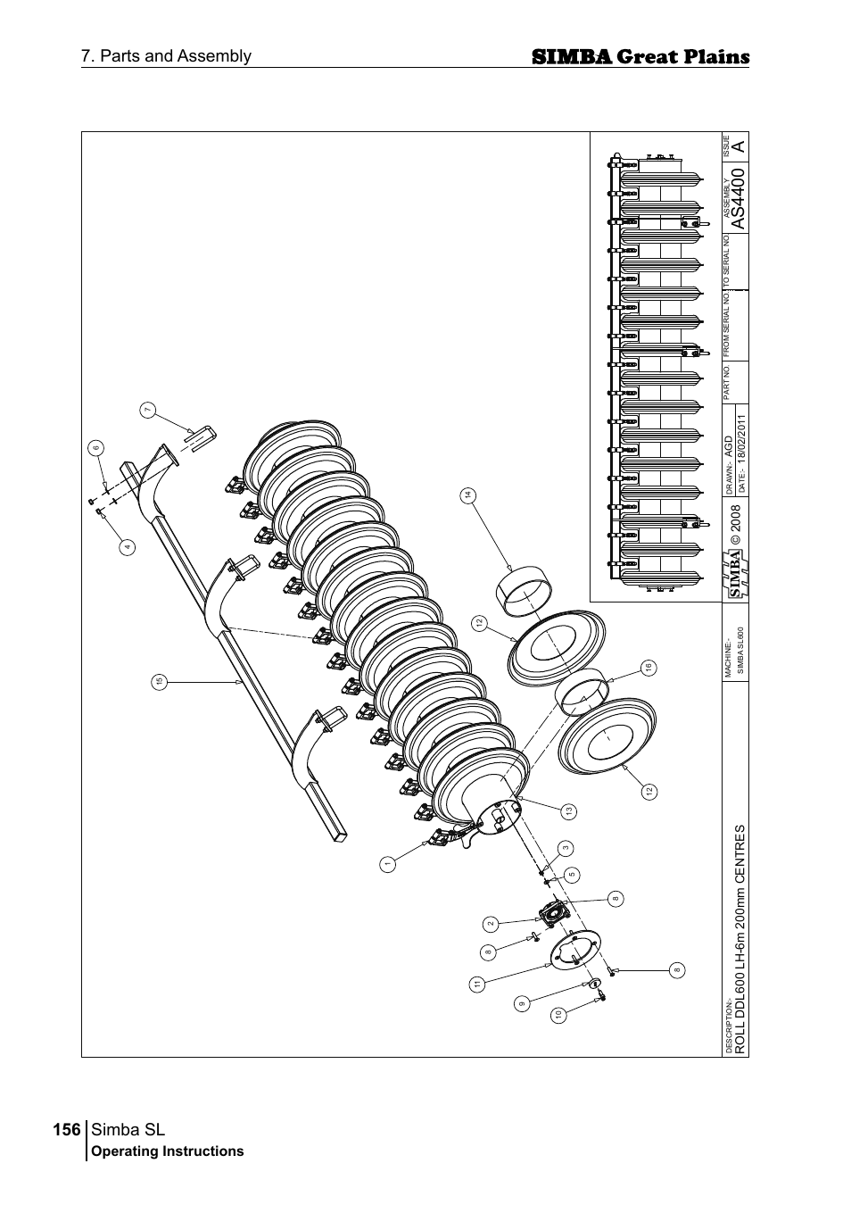 Simba sl, 156 7. parts and assembly, Aas 44 00 | Operating instructions, Si m b a | Great Plains P18253C Operator Manual User Manual | Page 156 / 190