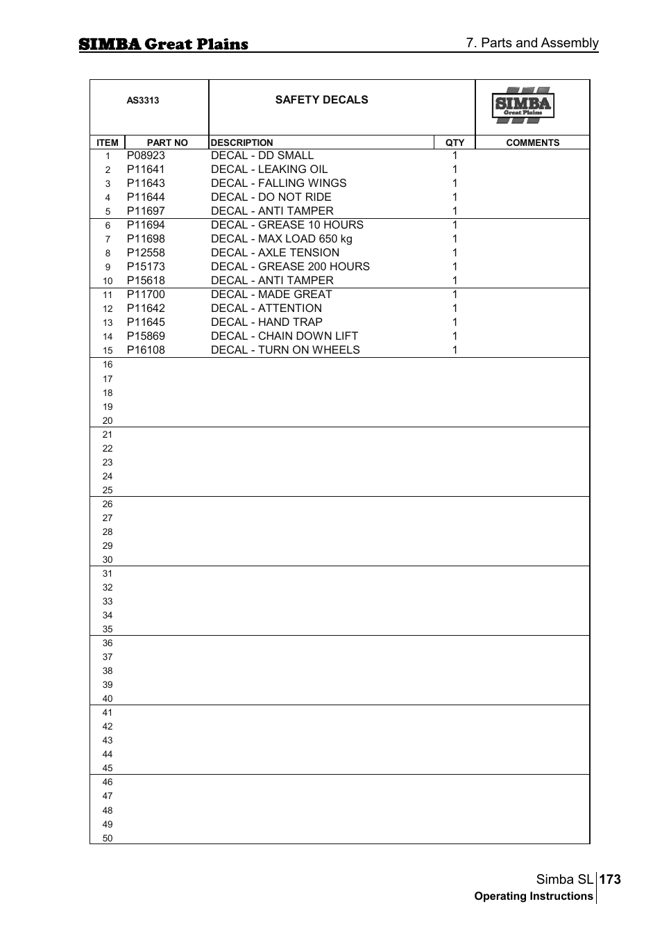 173 simba sl, Parts and assembly | Great Plains P18253C Operator Manual User Manual | Page 173 / 190