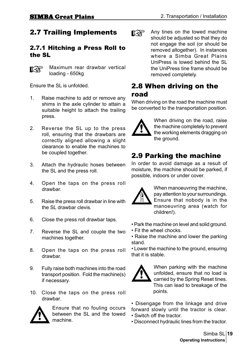 7 trailing implements, 8 when driving on the road, 9 parking the machine | Great Plains P18253C Operator Manual User Manual | Page 19 / 190