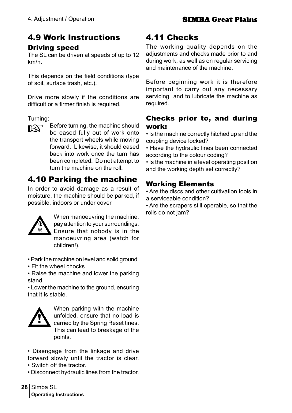 9 work instructions, 11 checks, 10 parking the machine | Great Plains P18253C Operator Manual User Manual | Page 28 / 190