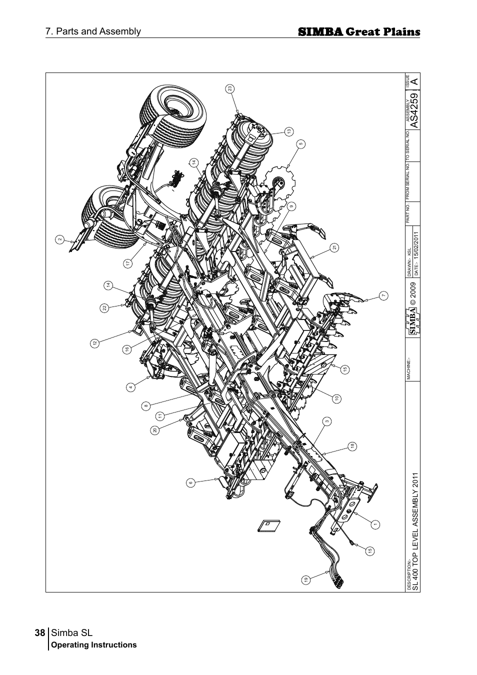 Simba sl, 38 7. parts and assembly, Aas 42 59 | Operating instructions, Si m b a | Great Plains P18253C Operator Manual User Manual | Page 38 / 190