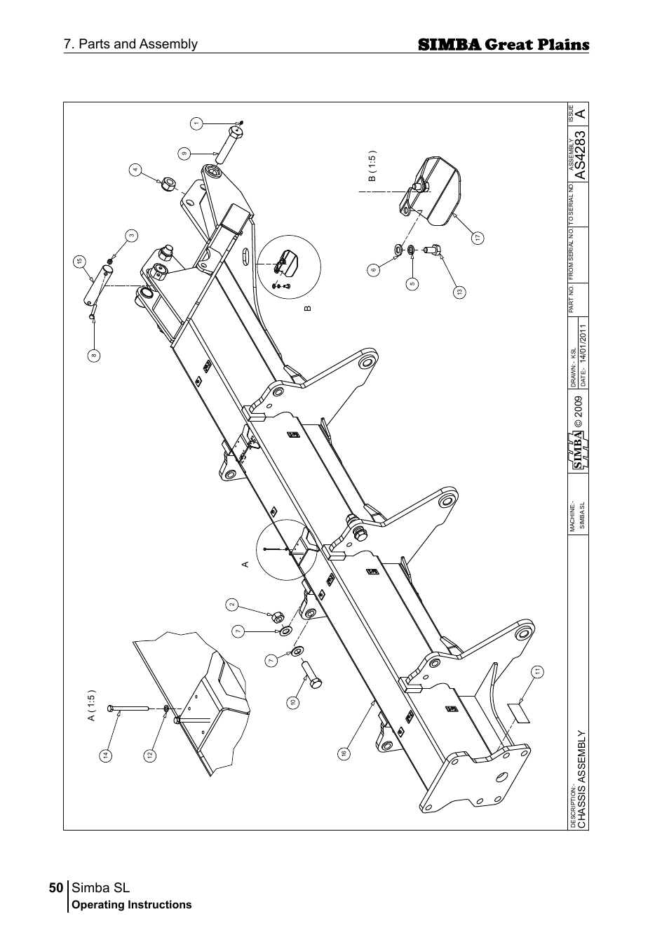 Simba sl, 50 7. parts and assembly, Aas 42 83 | Operating instructions, Si m b a, Ch a ss is a s se m b ly, A( 1 :5 ) b ( 1 :5 ) | Great Plains P18253C Operator Manual User Manual | Page 50 / 190