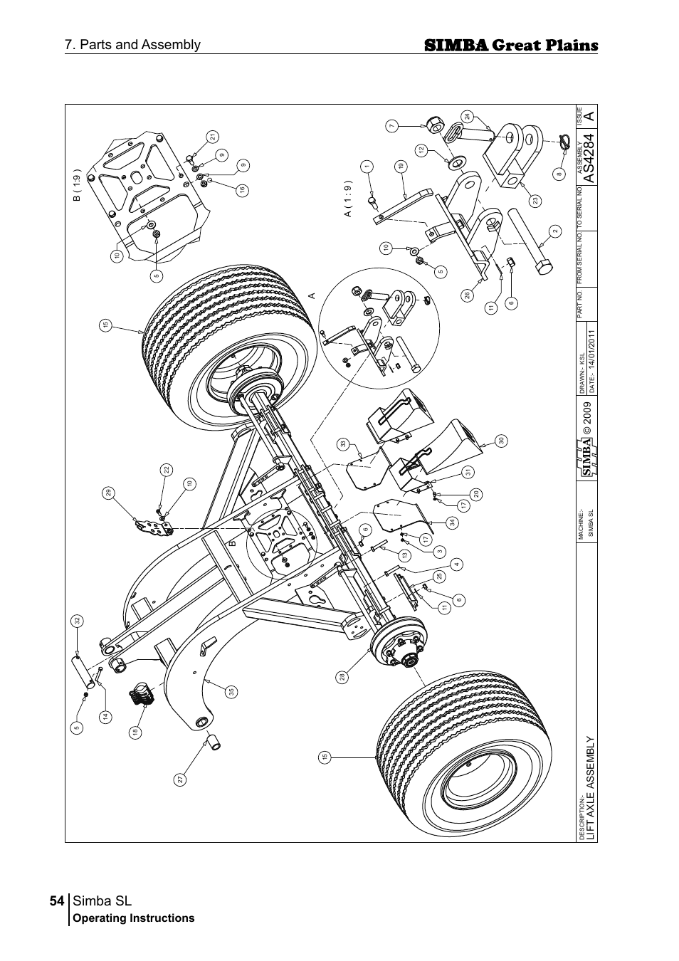 Simba sl, 54 7. parts and assembly, Aas 42 84 | Operating instructions, Si m b a, Li ft a x le a ss em bl y, A( 1 : 9 ) b ( 1: 9 ) | Great Plains P18253C Operator Manual User Manual | Page 54 / 190