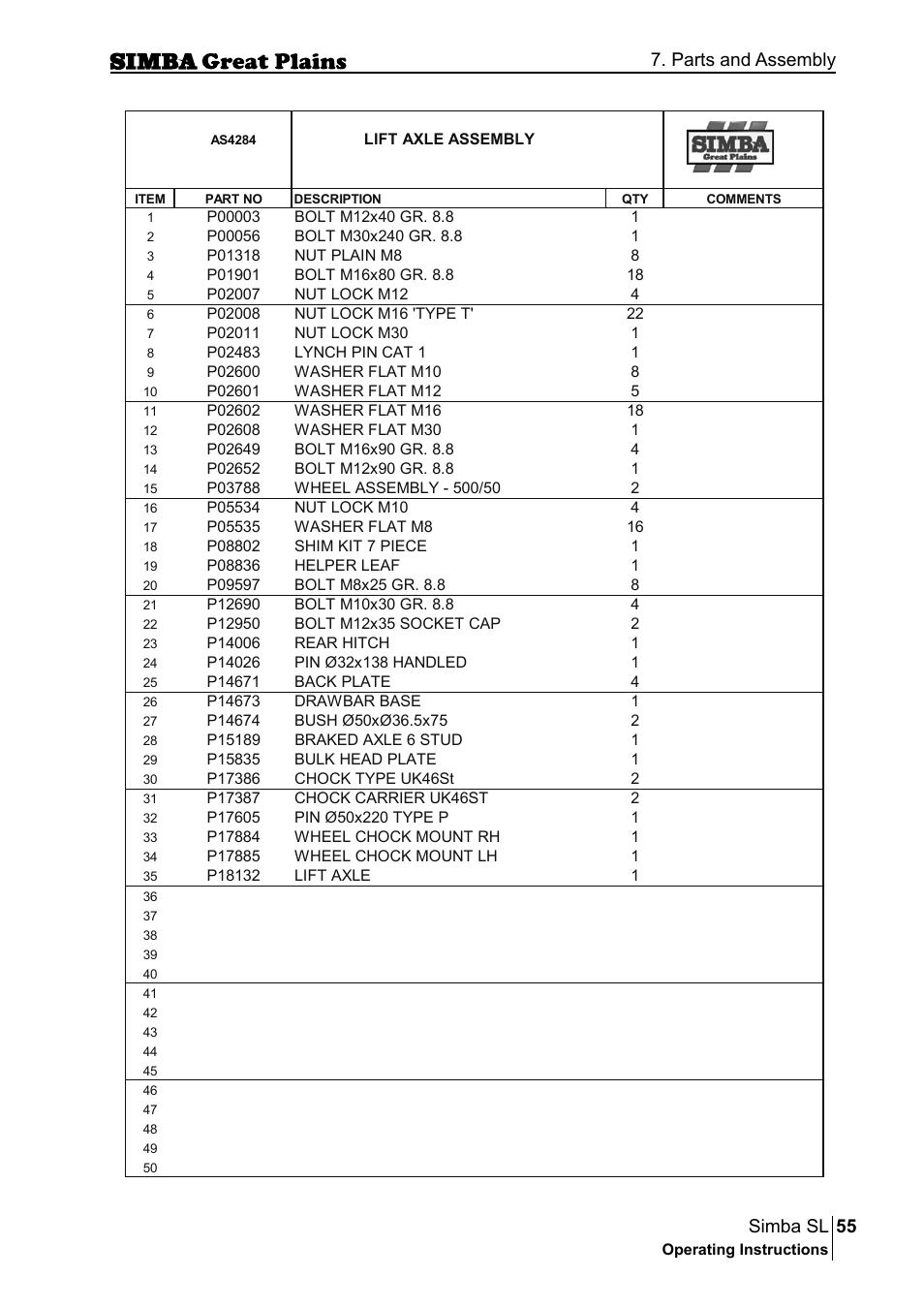 55 simba sl, Parts and assembly | Great Plains P18253C Operator Manual User Manual | Page 55 / 190