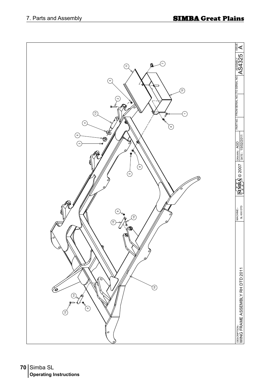 Simba sl, 70 7. parts and assembly, Aas 43 25 | Operating instructions, Si m b a | Great Plains P18253C Operator Manual User Manual | Page 70 / 190