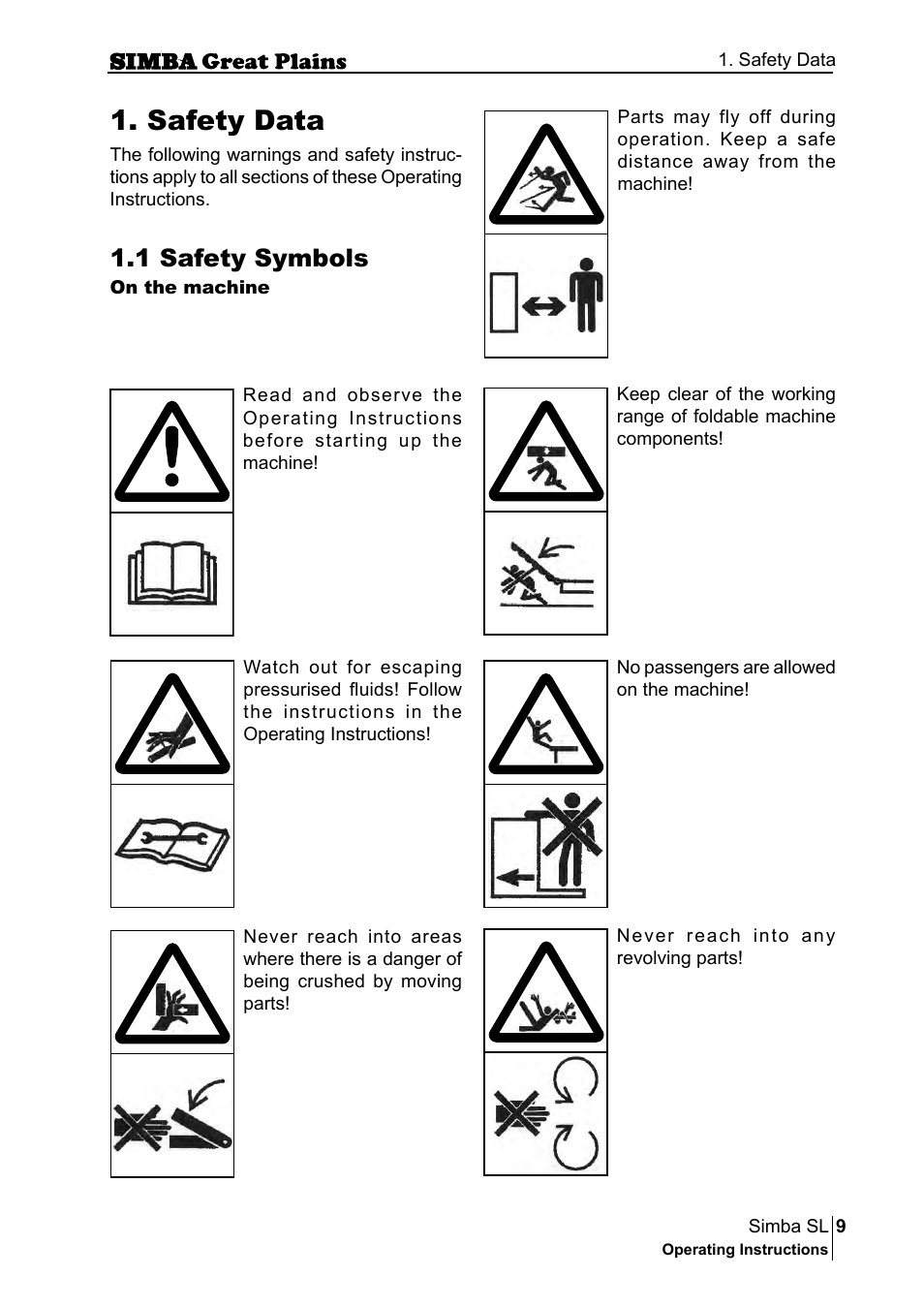 Safety data, 1 safety symbols | Great Plains P18253C Operator Manual User Manual | Page 9 / 190