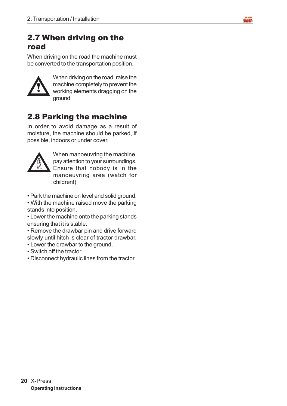7 when driving on the road, 8 parking the machine | Great Plains P12720 User Manual | Page 20 / 42