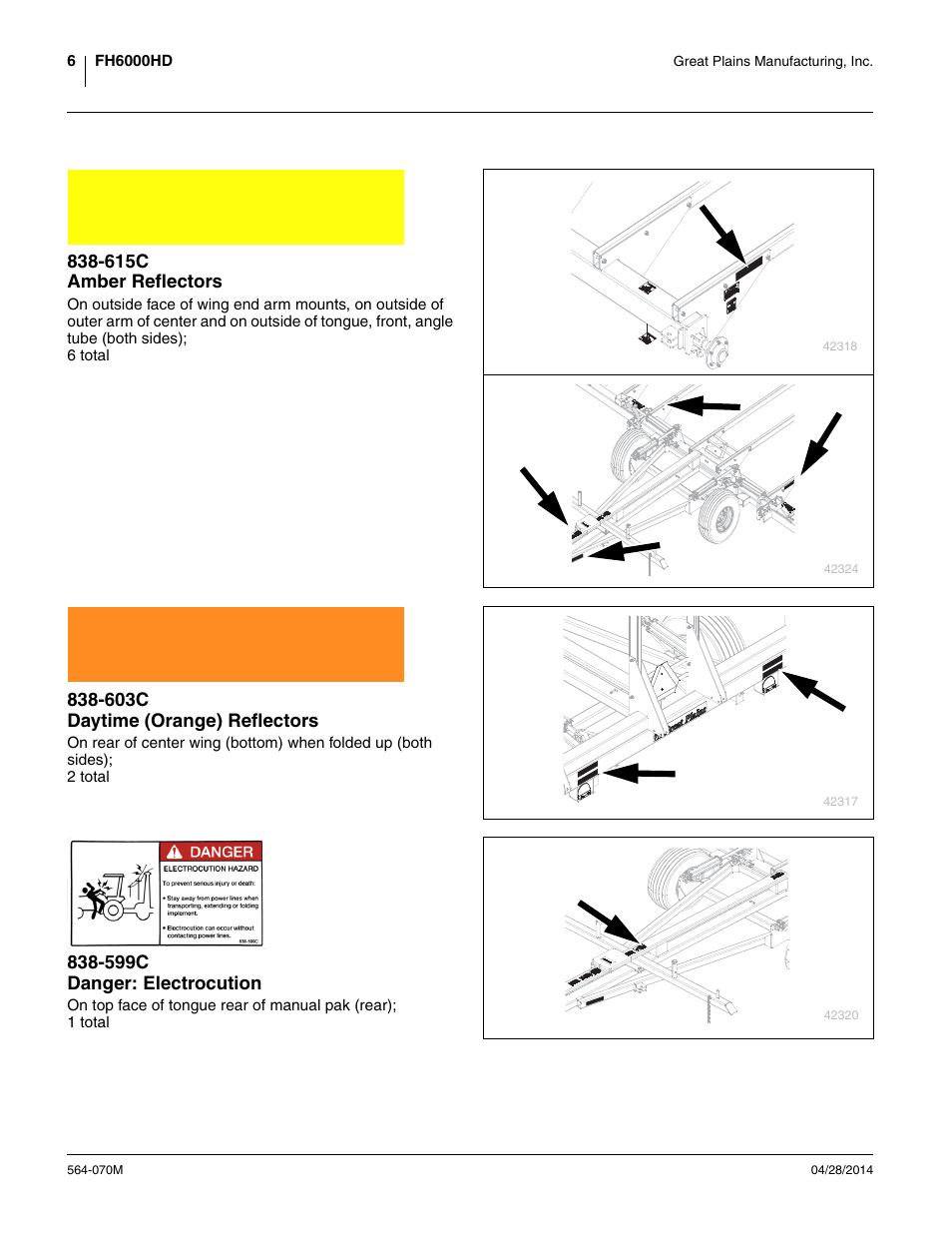 615c amber reflectors, 603c daytime (orange) reflectors, 599c danger: electrocution | Great Plains FH6800HD Operator Manual User Manual | Page 10 / 50