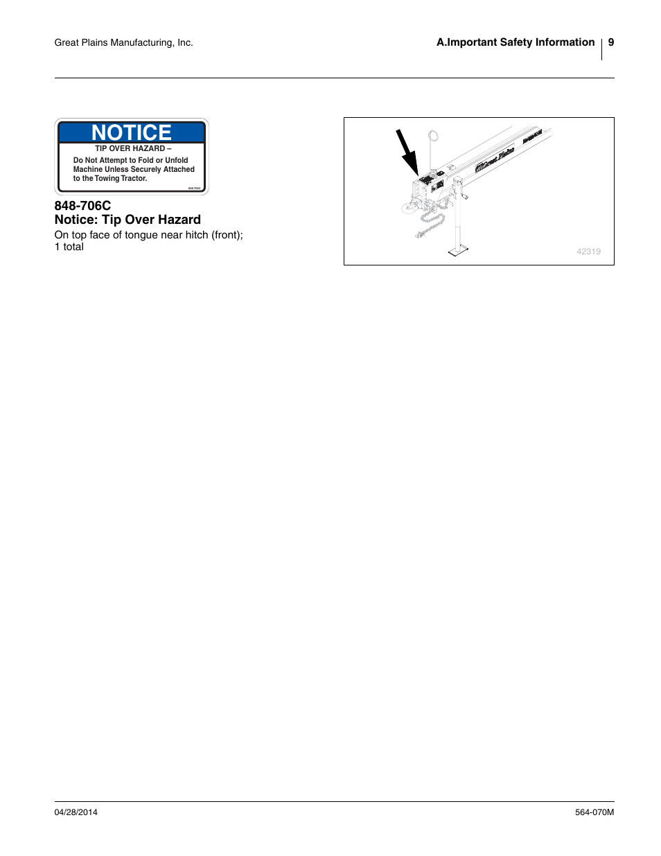 706c notice: tip over hazard, Notice | Great Plains FH6800HD Operator Manual User Manual | Page 13 / 50