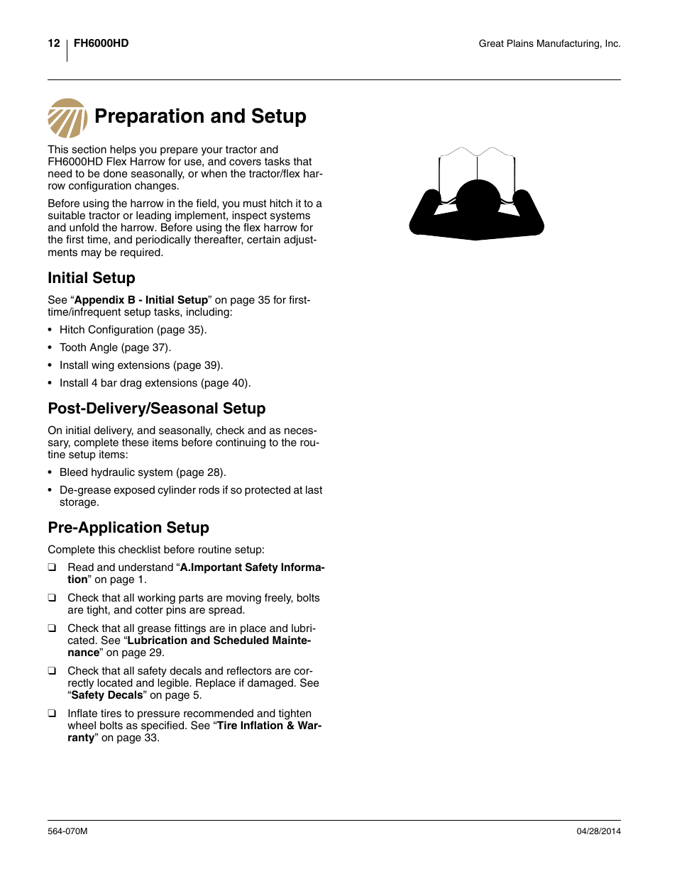Preparation and setup, Initial setup, Post-delivery/seasonal setup | Pre-application setup | Great Plains FH6800HD Operator Manual User Manual | Page 16 / 50