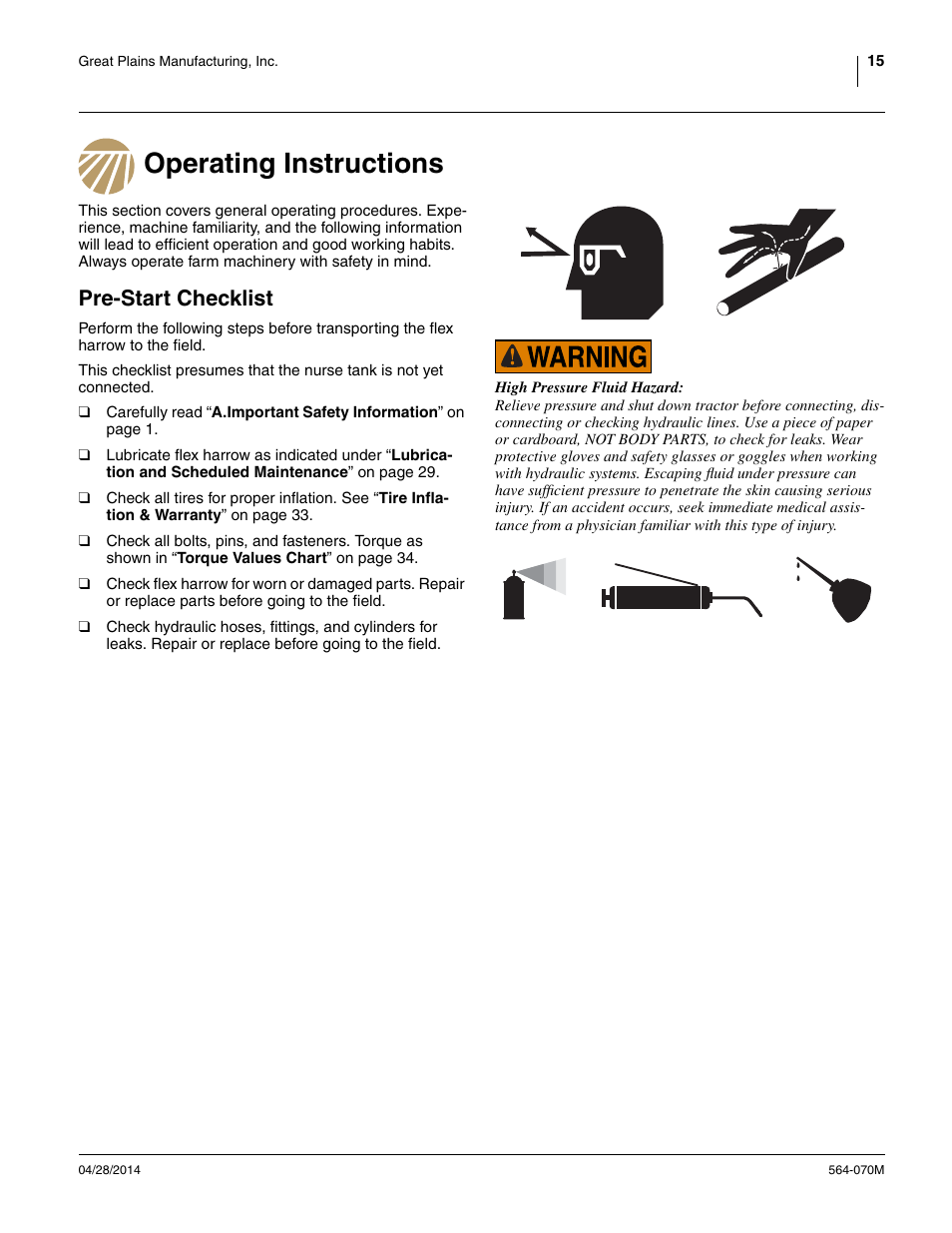 Operating instructions, Pre-start checklist, Operating instructions pre-start checklist | Great Plains FH6800HD Operator Manual User Manual | Page 19 / 50