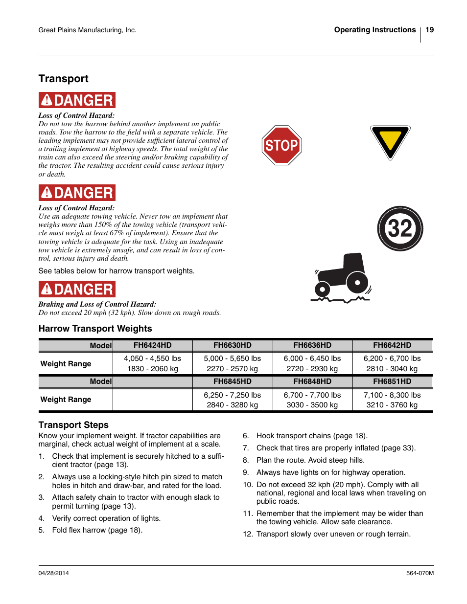 Transport, Harrow transport weights, Transport steps | Harrow transport weights transport steps | Great Plains FH6800HD Operator Manual User Manual | Page 23 / 50