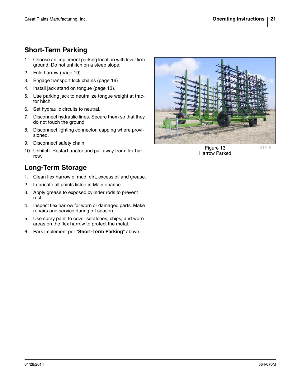 Short-term parking, Long-term storage, Short-term parking long-term storage | Great Plains FH6800HD Operator Manual User Manual | Page 25 / 50