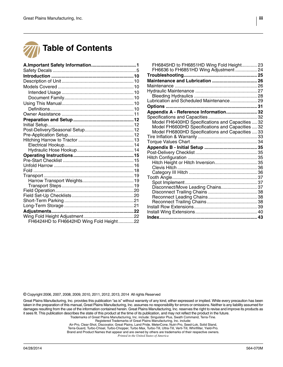 Great Plains FH6800HD Operator Manual User Manual | Page 3 / 50