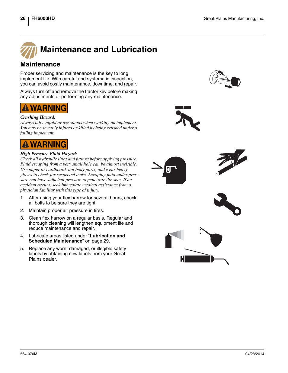 Maintenance and lubrication, Maintenance, Maintenance and lubrication maintenance | Great Plains FH6800HD Operator Manual User Manual | Page 30 / 50