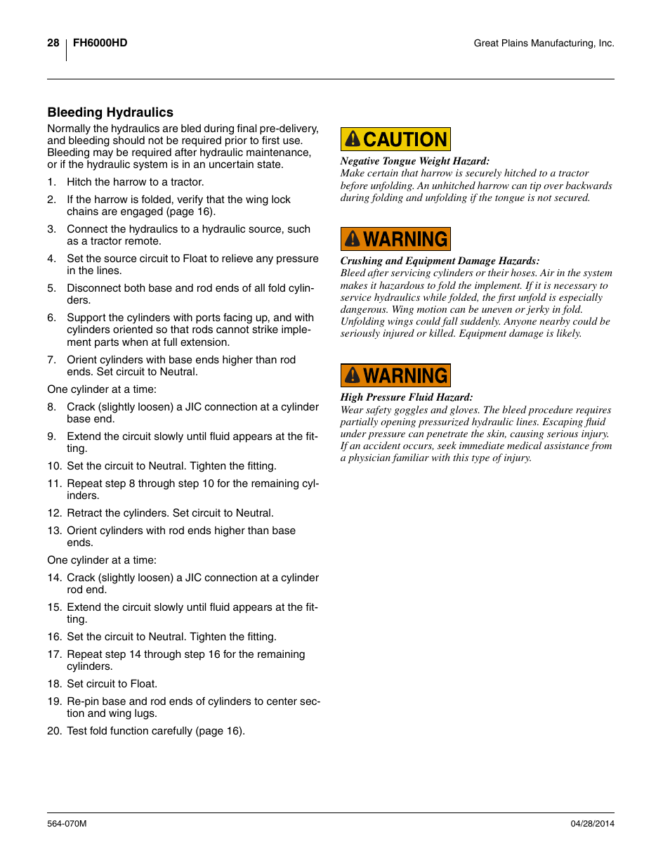 Bleeding hydraulics | Great Plains FH6800HD Operator Manual User Manual | Page 32 / 50