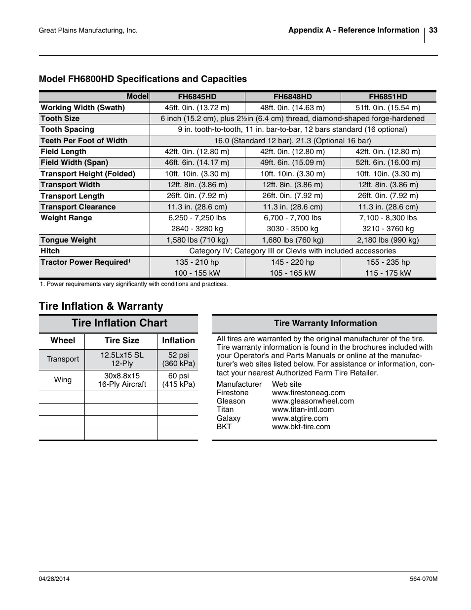 Model fh6800hd specifications and capacities, Tire inflation & warranty, Or proper inflation. see “ tire infla | Tire inflation chart | Great Plains FH6800HD Operator Manual User Manual | Page 37 / 50