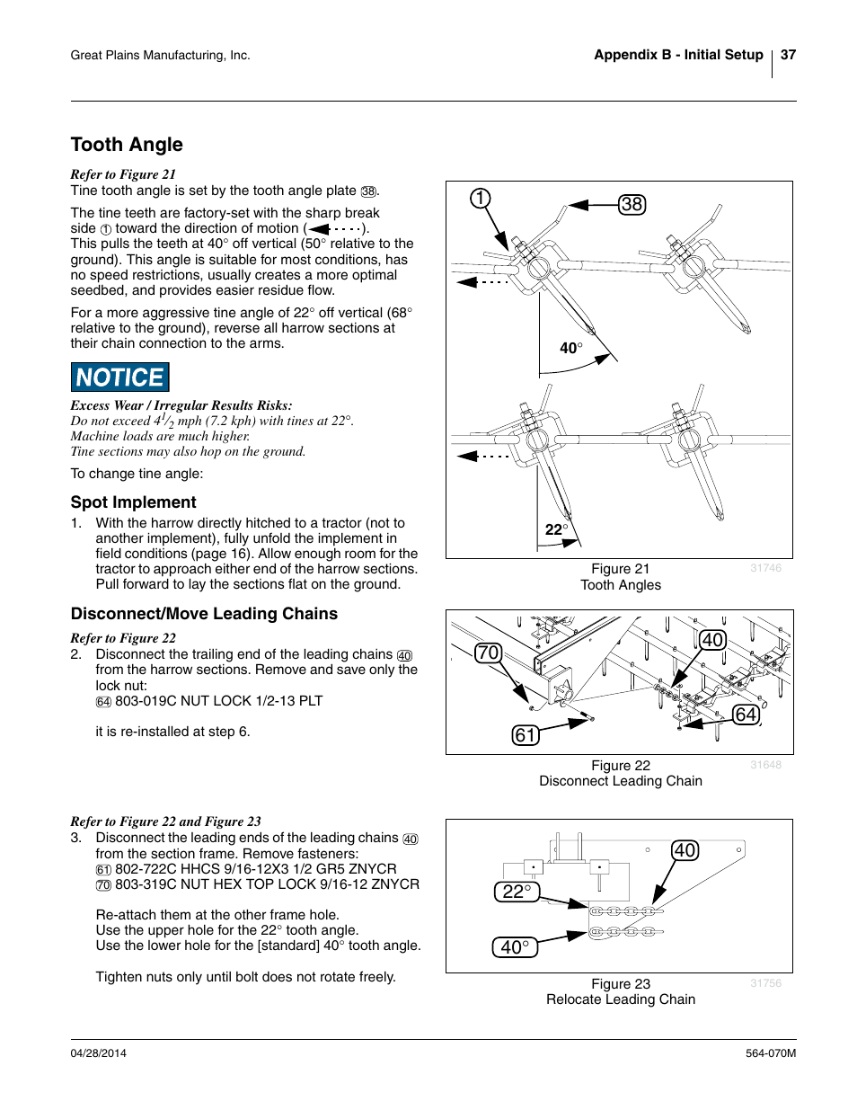 Tooth angle, Spot implement, Disconnect/move leading chains | Spot implement disconnect/move leading chains | Great Plains FH6800HD Operator Manual User Manual | Page 41 / 50