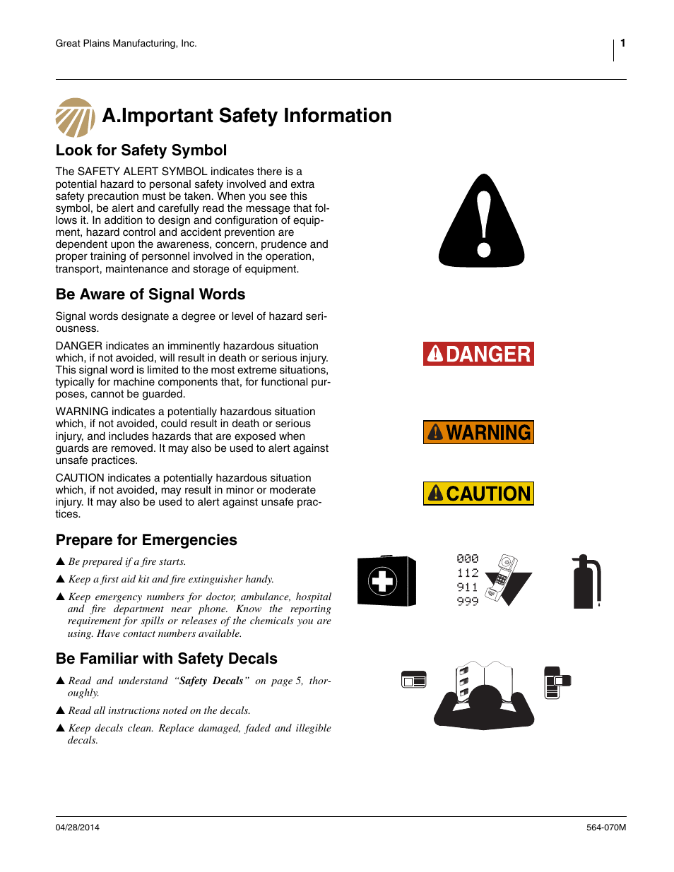 A.important safety information, Look for safety symbol, Be aware of signal words | Prepare for emergencies, Be familiar with safety decals | Great Plains FH6800HD Operator Manual User Manual | Page 5 / 50