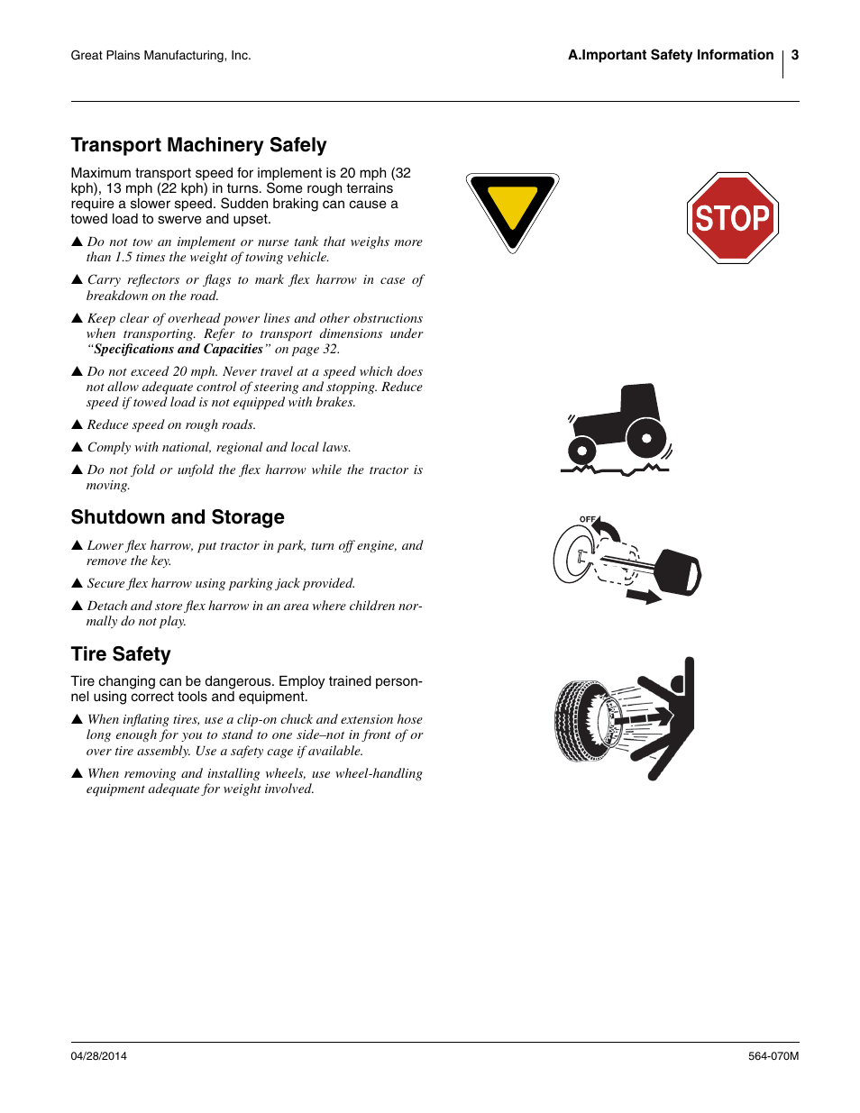 Transport machinery safely, Shutdown and storage, Tire safety | Great Plains FH6800HD Operator Manual User Manual | Page 7 / 50