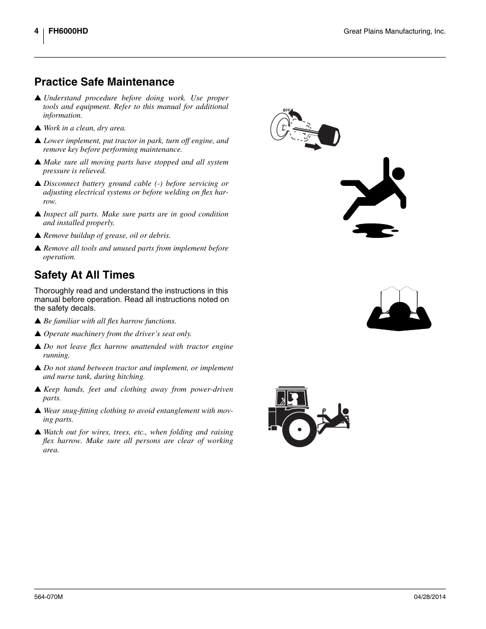 Practice safe maintenance, Safety at all times | Great Plains FH6800HD Operator Manual User Manual | Page 8 / 50