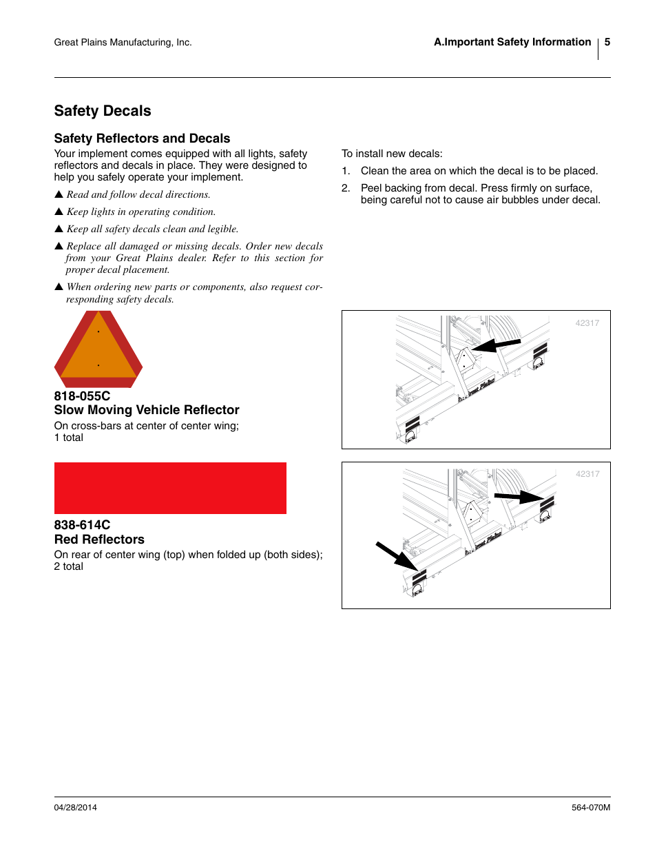 Safety decals, Safety reflectors and decals, 055c slow moving vehicle reflector | 614c red reflectors | Great Plains FH6800HD Operator Manual User Manual | Page 9 / 50