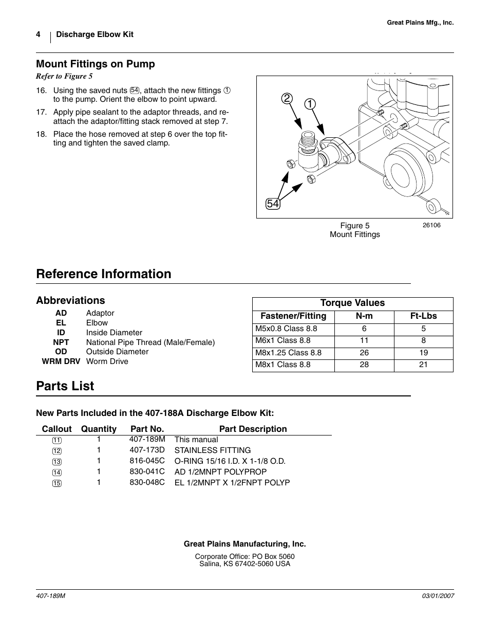 Mount fittings on pump, Reference information, Abbreviations | Parts list, As sho | Great Plains Discharge Elbow Kit Hypro Pumps User Manual | Page 4 / 4