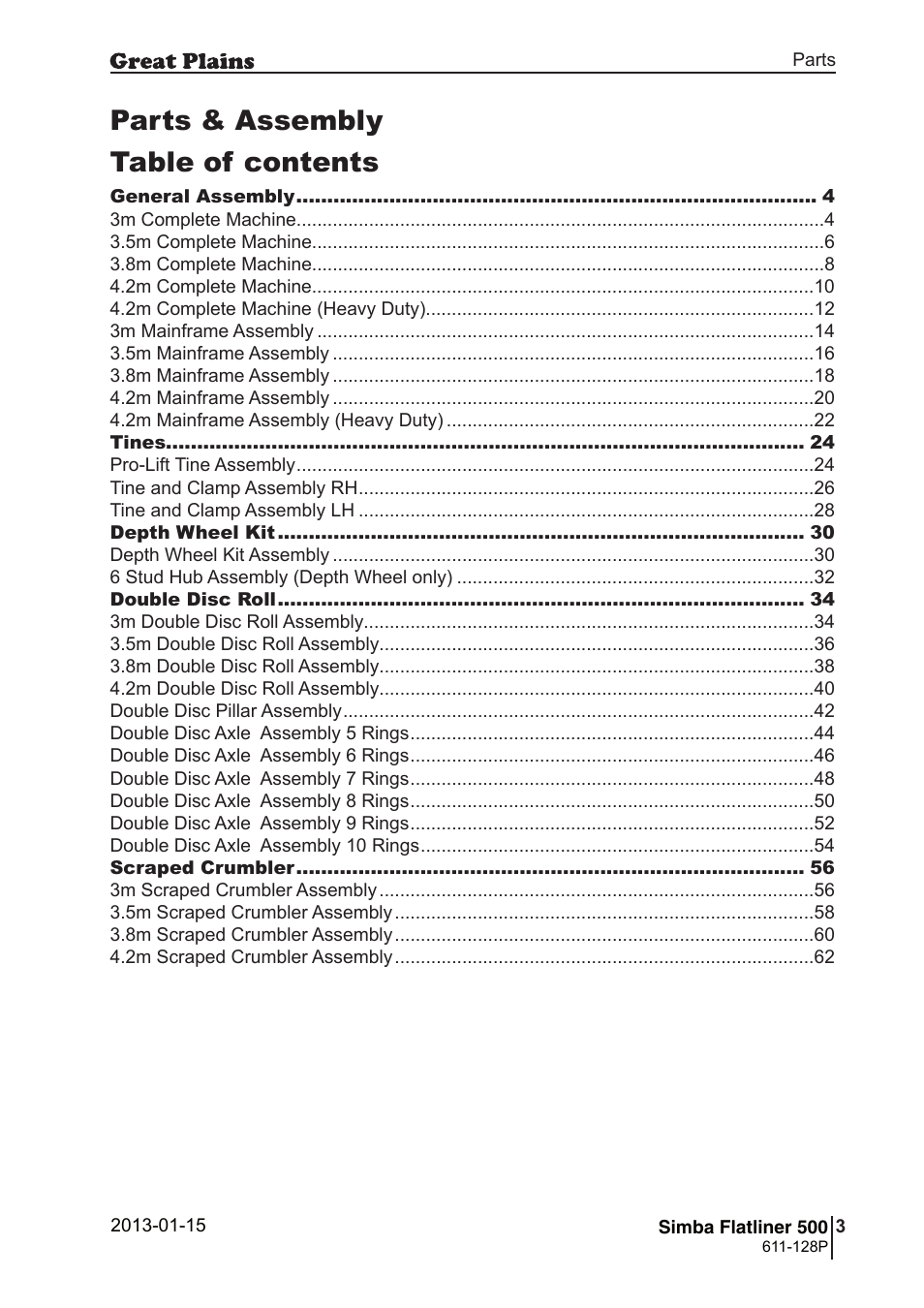Parts & assembly table of contents | Great Plains Simba Flatliner 500 Parts Manual User Manual | Page 3 / 66