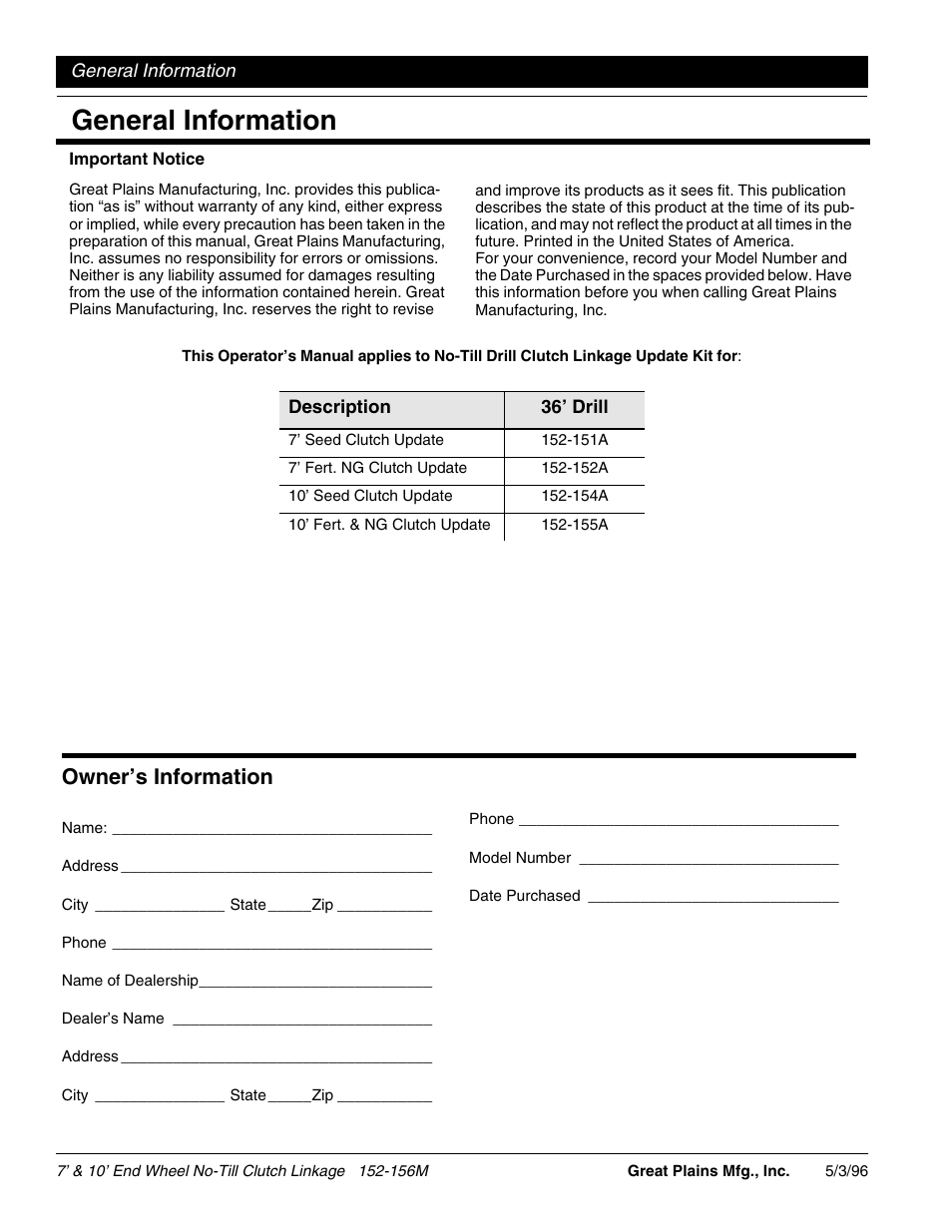 General information, Owner’s information | Great Plains EWNT10 User Manual | Page 2 / 14