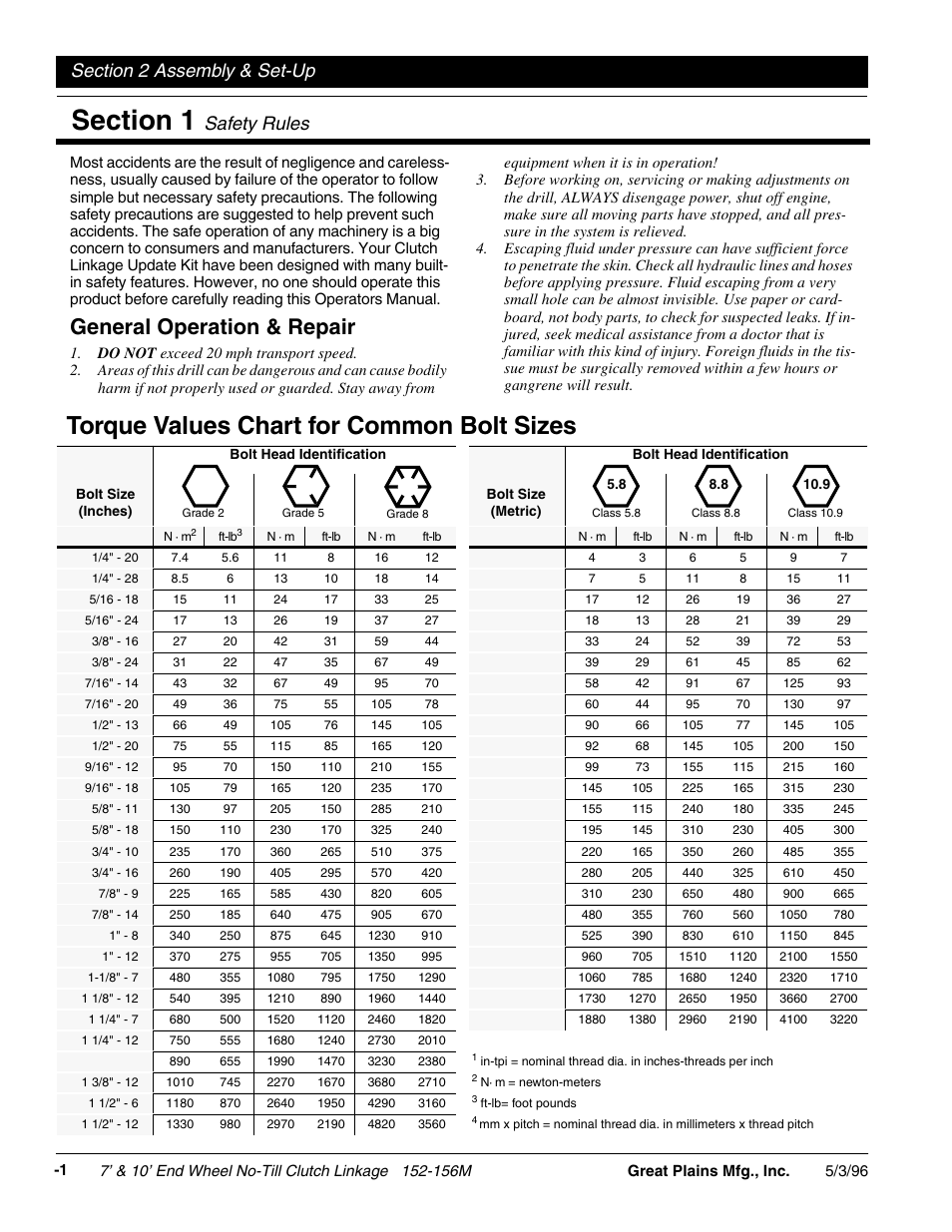 Torque values chart for common bolt sizes, Section 2 assembly & set-up, General operation & repair | Do not exceed 20 mph transport speed, Section 1 safety rules, Assembly & set-up, Safety rules | Great Plains EWNT10 User Manual | Page 4 / 14