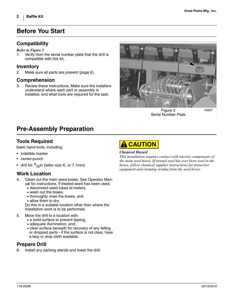 Before you start, Compatibility, Inventory | Comprehension, Pre-assembly preparation, Tools required, Work location, Prepare drill, Caution | Great Plains 2025P-16TR30 Assembly Instructions User Manual | Page 2 / 8