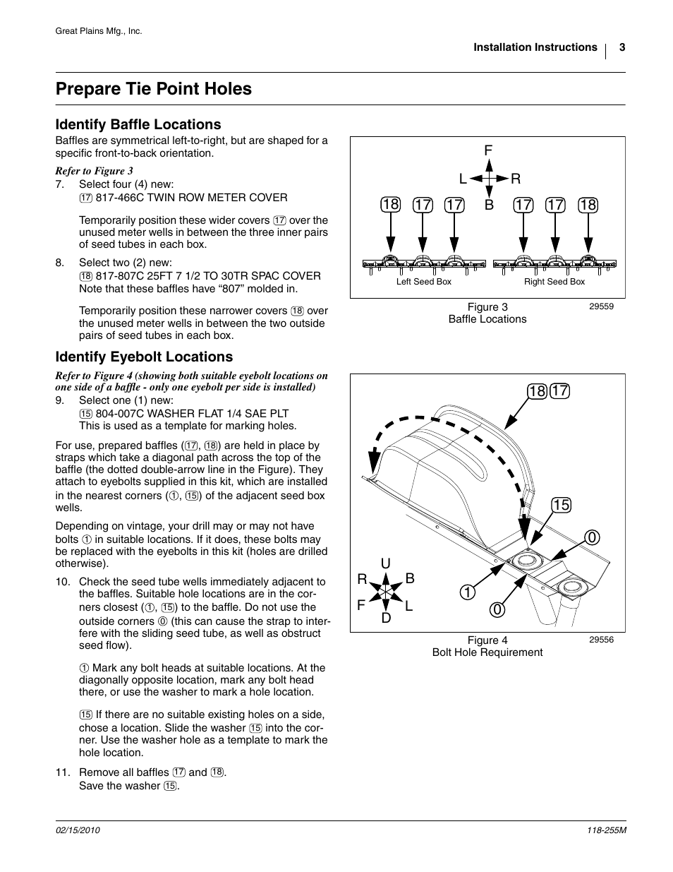 Prepare tie point holes, Identify baffle locations, Identify eyebolt locations | Fb l r | Great Plains 2025P-16TR30 Assembly Instructions User Manual | Page 3 / 8