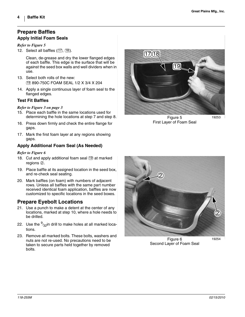 Prepare baffles, Apply initial foam seals, Test fit baffles | Apply additional foam seal (as needed), Prepare eyebolt locations | Great Plains 2025P-16TR30 Assembly Instructions User Manual | Page 4 / 8