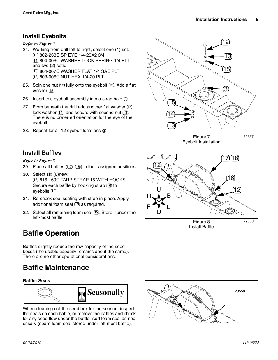 Install eyebolts, Install baffles, Baffle operation | Baffle maintenance, Baffle: seals, Seasonally | Great Plains 2025P-16TR30 Assembly Instructions User Manual | Page 5 / 8