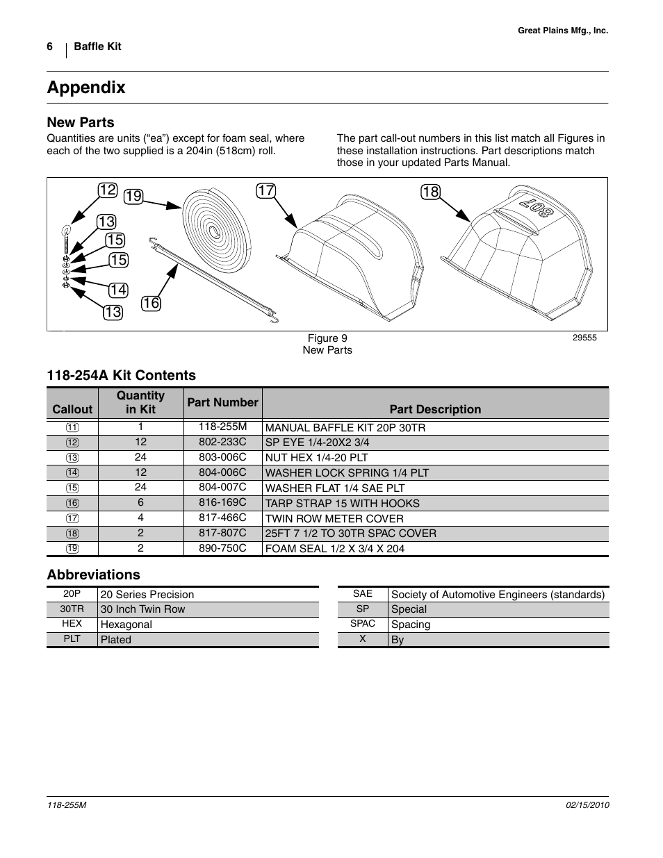 Appendix, New parts, 254a kit contents | Abbreviations, 466c twin row meter cover, 807c 25ft 7 1/2 to 30tr spac cover, 007c washer flat 1/4 sae plt, Are held in place b, To the baffle, Into the cor | Great Plains 2025P-16TR30 Assembly Instructions User Manual | Page 6 / 8