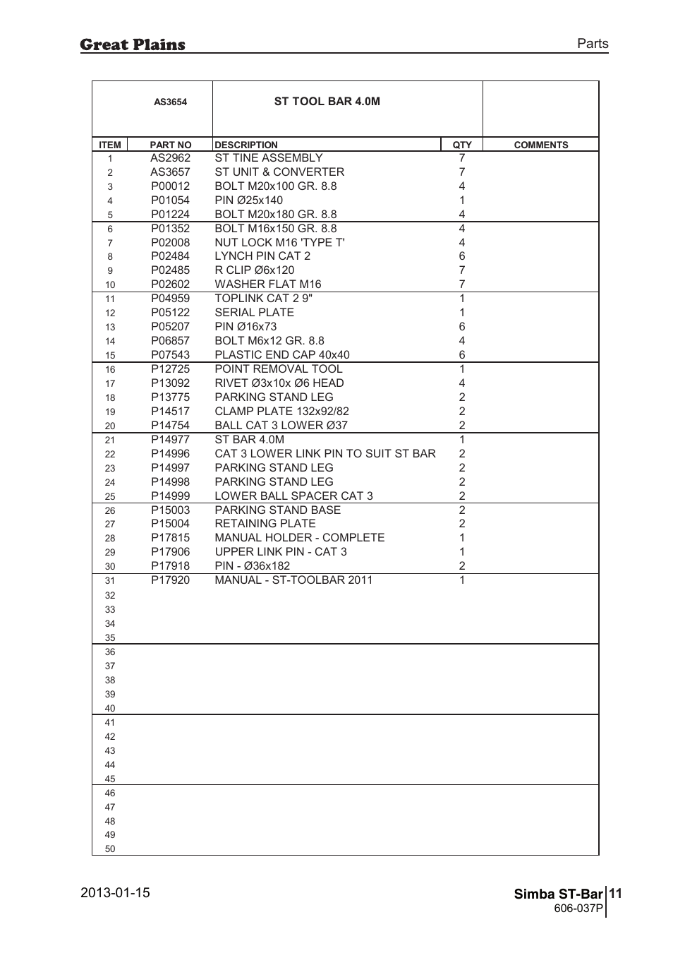 St-bar, Parts and assembly, Parts 11 simba st-bar | Great Plains ST-Bar Parts Manual User Manual | Page 11 / 32