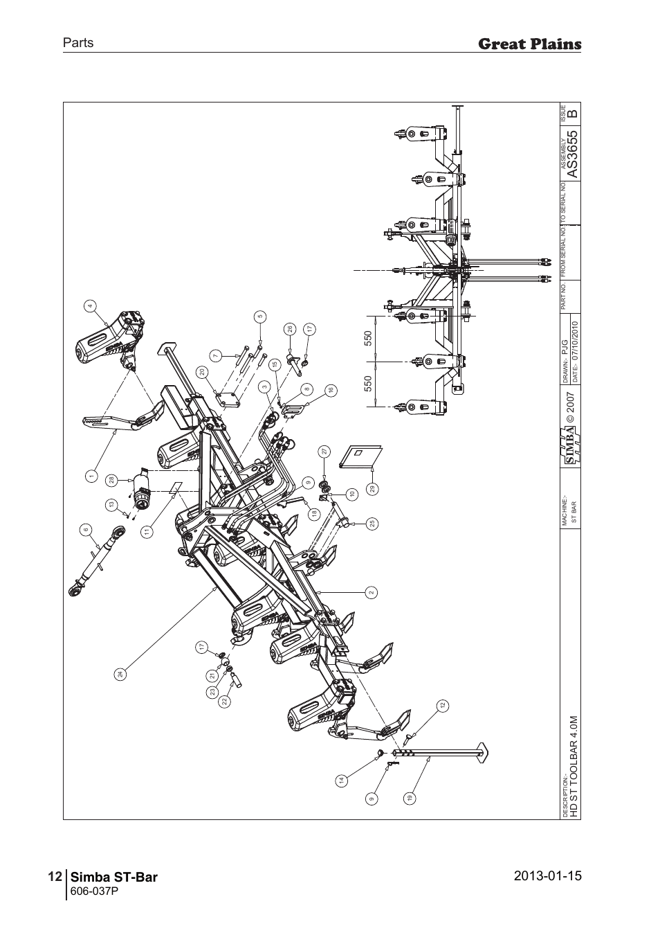 St-bar, 30 6. parts and assembly, Bas 36 55 | Parts 12 simba st-bar, Operating instructions, 037p, Si m b a, Hd s t to o lb a r 4 .0 m | Great Plains ST-Bar Parts Manual User Manual | Page 12 / 32